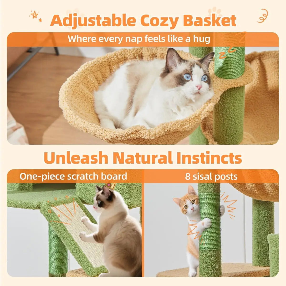 71-Inch Cat Tree for Large Indoor Cats, Multi-Level Cat Tower with 8 Scratching Posts, Hammock & 2 Perches