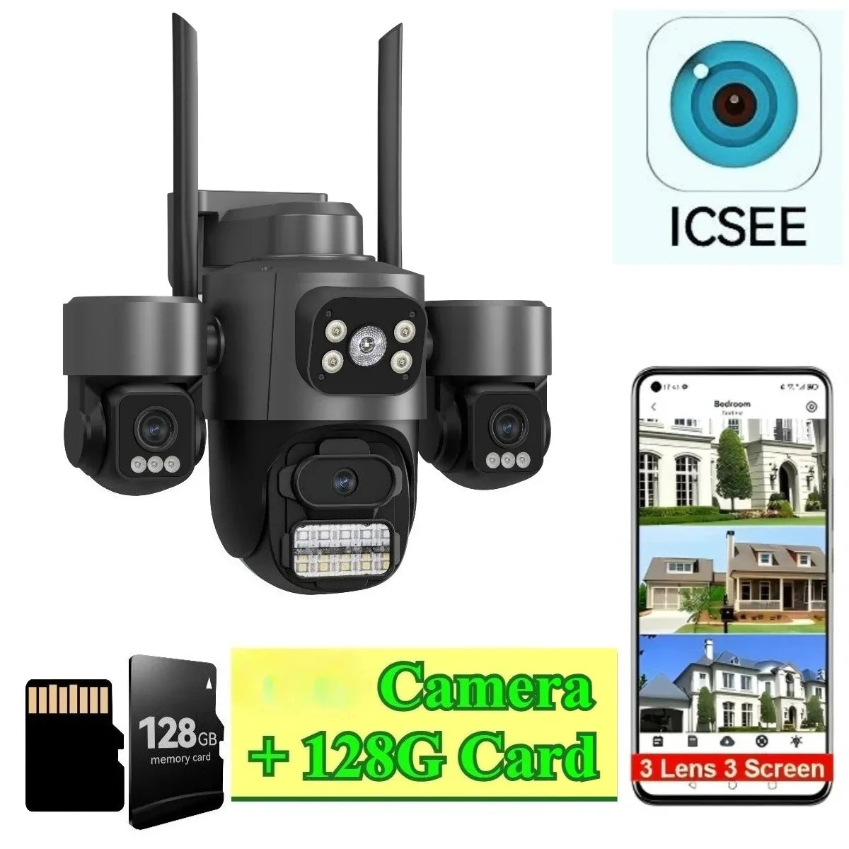 iCsee Wifi Security Camera Outdoor Three Lens Three Screens CCTV Night Vision Human Detection Tracking Surveillance Camera