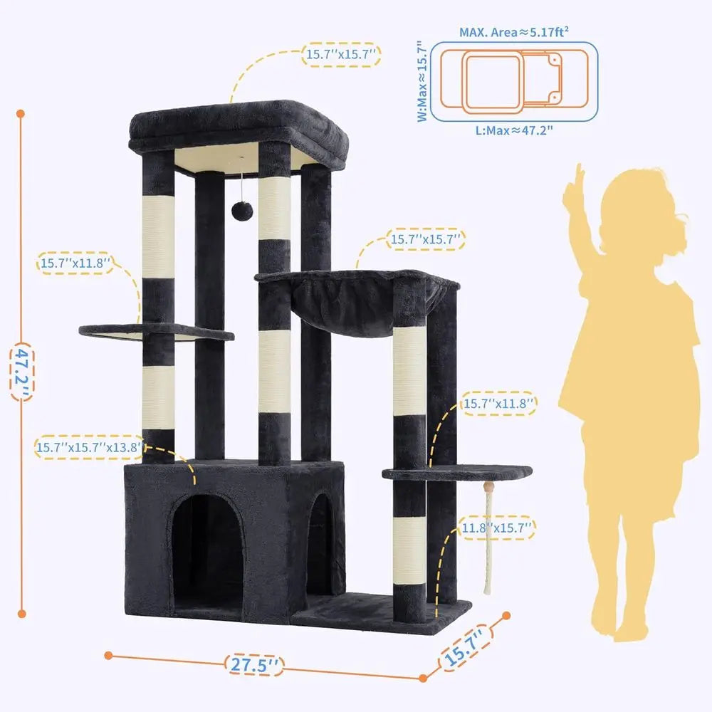 Sturdy Large Cat Tree Tower with Multi-Level Furniture, Scratching Posts, Hammock, and Toys in Smoky Gray