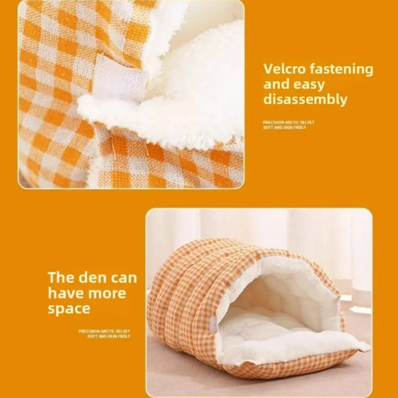 Cat Dog House Bed 2-in-1 Removable Cover Pet Sleeping Bag Washable Warm Plush Lined Anti-Slip Bottom Can Be Used as Blanket