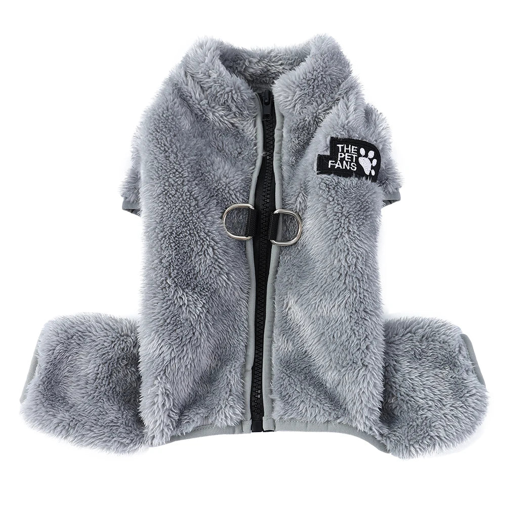 Soft Fleece Dog Clothes Winter Four Legs Covered Plush Pet Coat D-Ring Zipper Puppy Jacket Autumn Overall For Small Middle Dog
