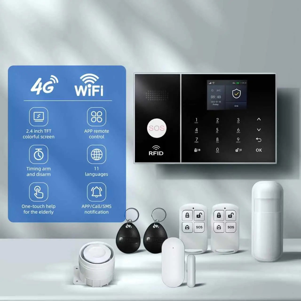 WiFi+GSM 4G DIY Home Alarm Kit with Phone App, Door/Window Sensors, Remote, Compatible Alexa & Google for House Security