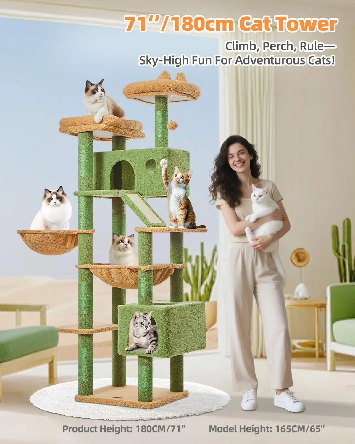 71-Inch Cat Tree for Large Indoor Cats, Multi-Level Cat Tower with 8 Scratching Posts, Hammock & 2 Perches