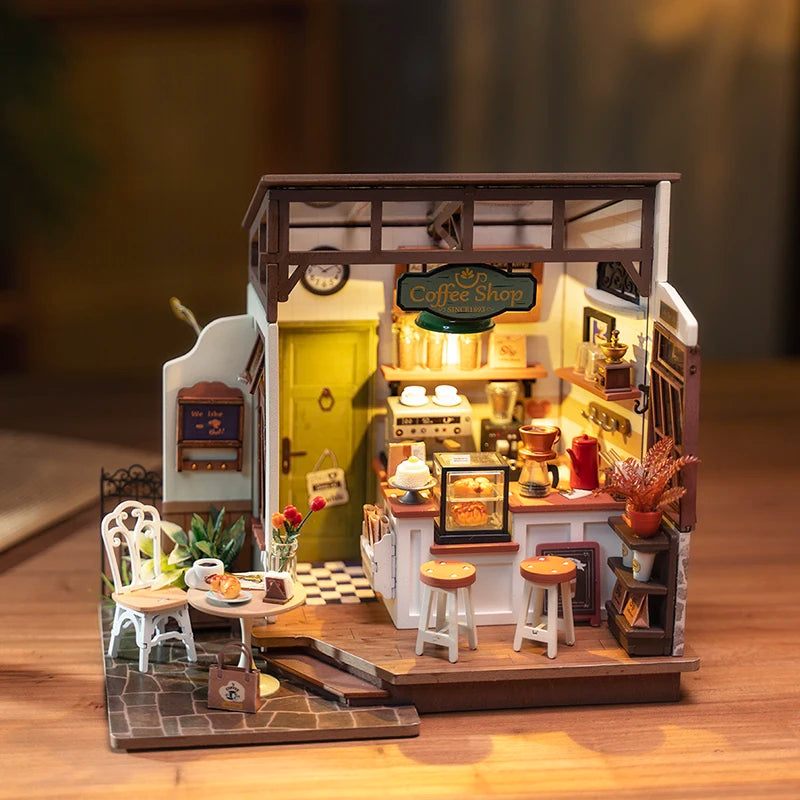 Robotime Rolife Coffee Shop Miniature Dollhouse Kit with LED Lights - DIY Crafts for Adults, Birthday Gifts and Hobbies