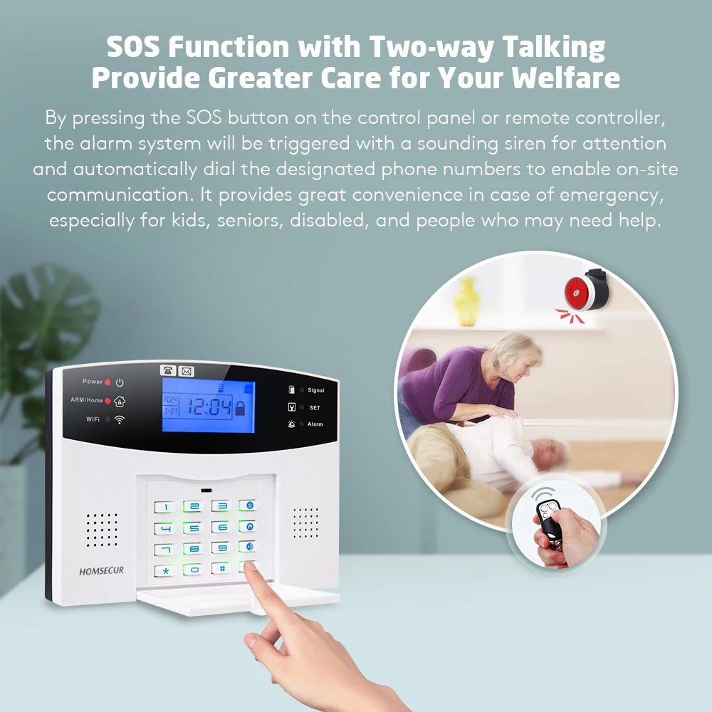 HOMSECUR APP Controlled Wireless &Wired WIFI 4G SMS Autodial Home Burglar Intruder Alarm System SOS Intercom 2 Remote Controls