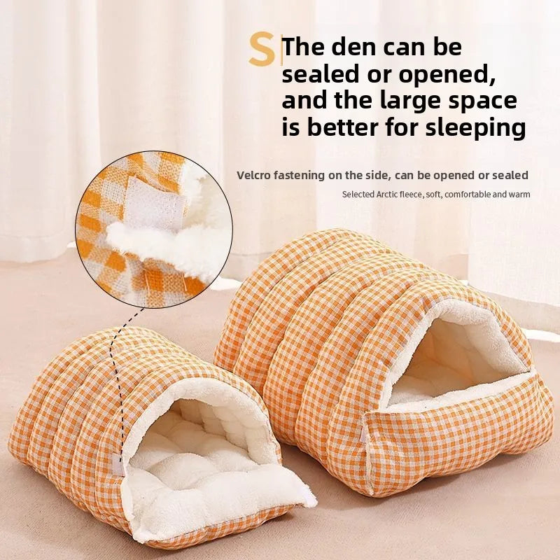Cat Dog House Bed 2-in-1 Removable Cover Pet Sleeping Bag Washable Warm Plush Lined Anti-Slip Bottom Can Be Used as Blanket