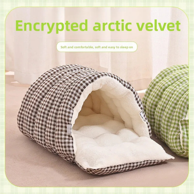 Cat Dog House Bed 2-in-1 Removable Cover Pet Sleeping Bag Washable Warm Plush Lined Anti-Slip Bottom Can Be Used as Blanket