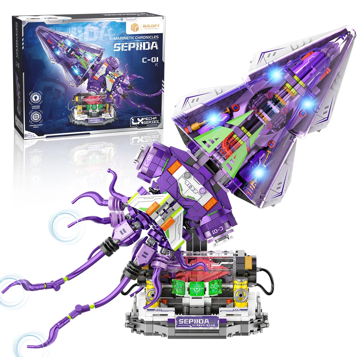 Mechanical Sepida Building Set 975PCS, Cyberpunk Squid Mecha Model, Light-Up Display Sci-Fi Collectible, Gift for Adults & Teens