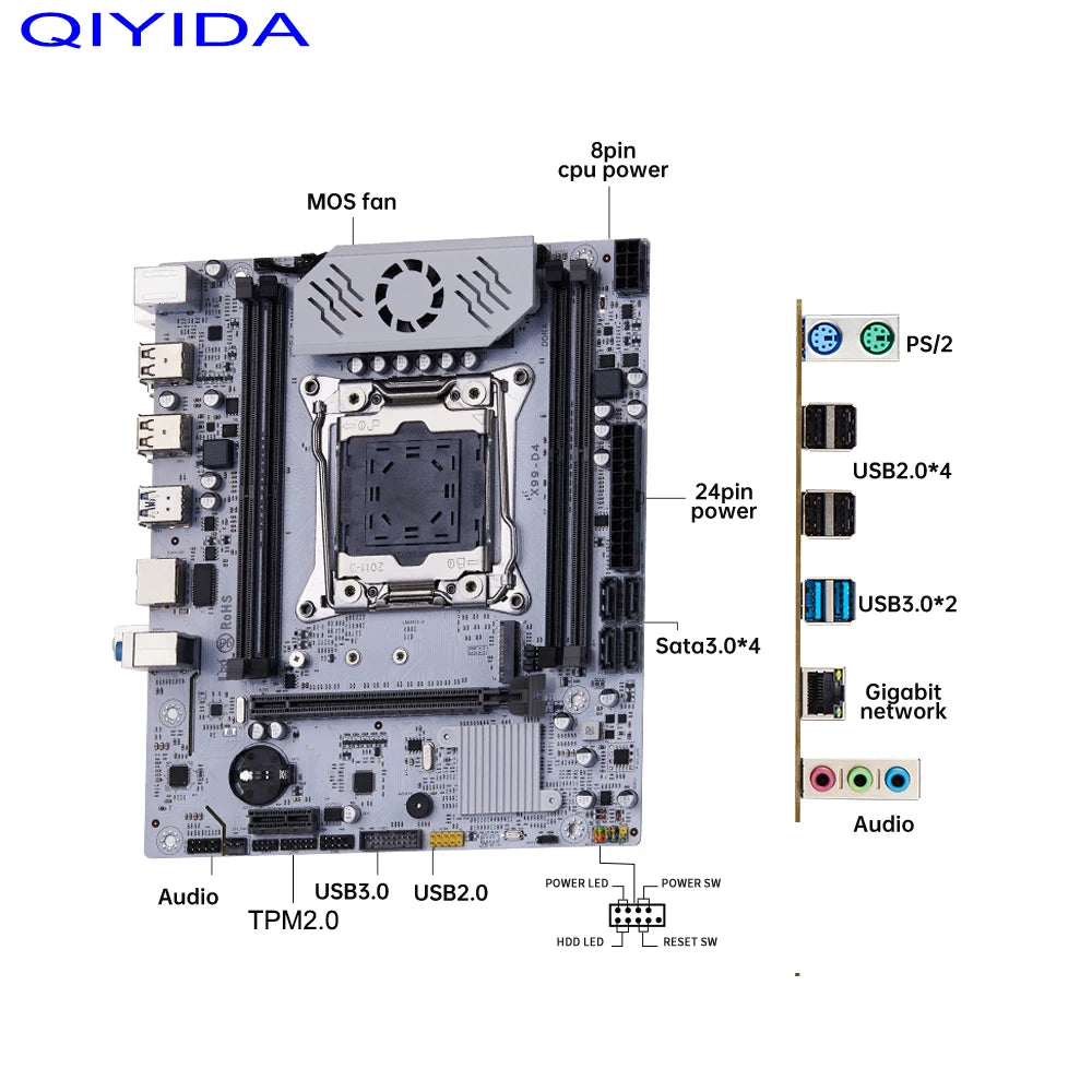 QIYIDA X99 motherboard D4-TPM2.0 LGA 2011 3 with M.2 slot Support X99 C612chip DDR4 Memory SATA3.0 USB3.0 PCI16X