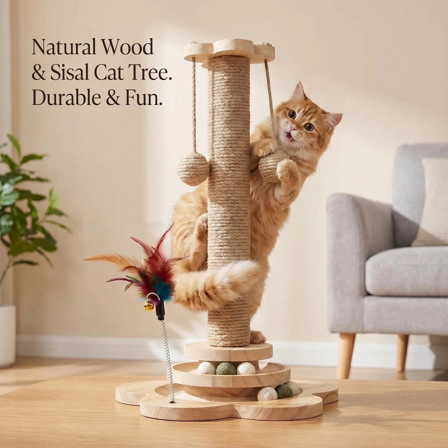 Nature  Wood Cat Scratcher Board Pet Play Tree Rotating Platform Wooden Fiber Chew Toy Durable Non Sisal Ball Cat Stand Tree