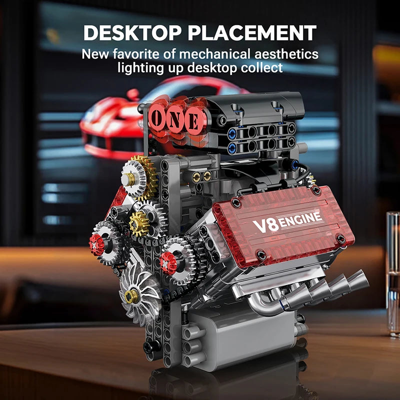 Brick V8 Engine Motorized Simulation Model Electrically Drive Building Blocks Technical Car Parts Creative Toys Gifts Boys Adult