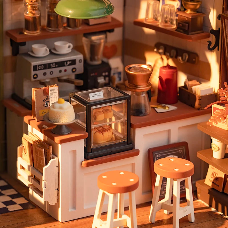 Robotime Rolife Coffee Shop Miniature Dollhouse Kit with LED Lights - DIY Crafts for Adults, Birthday Gifts and Hobbies