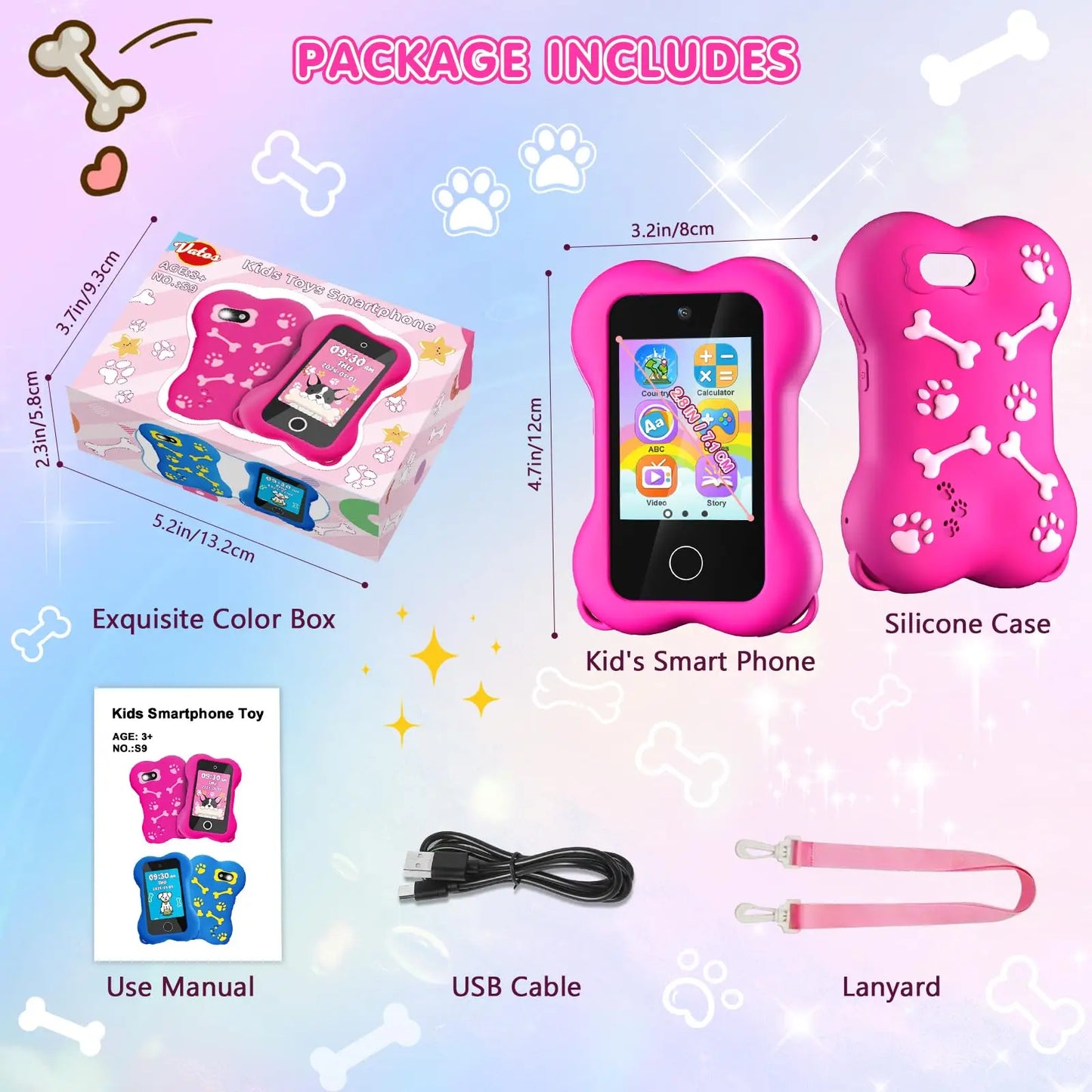 Cute Paws Kids Smartphone-2.8 Inch Touch Screen HD Dual Camera Cellphone for Toddlers Game with MP3 Music Player  Learning Gift
