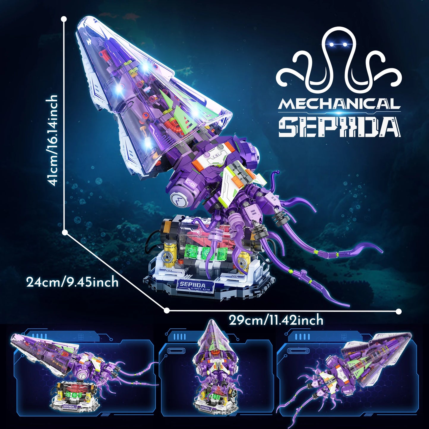 Mechanical Sepida Building Set 975PCS, Cyberpunk Squid Mecha Model, Light-Up Display Sci-Fi Collectible, Gift for Adults & Teens