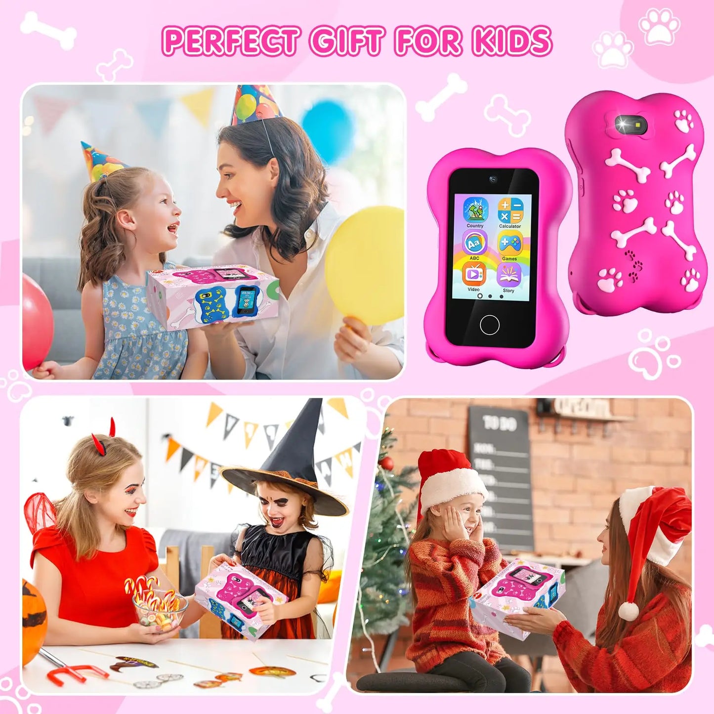 Cute Paws Kids Smartphone-2.8 Inch Touch Screen HD Dual Camera Cellphone for Toddlers Game with MP3 Music Player  Learning Gift