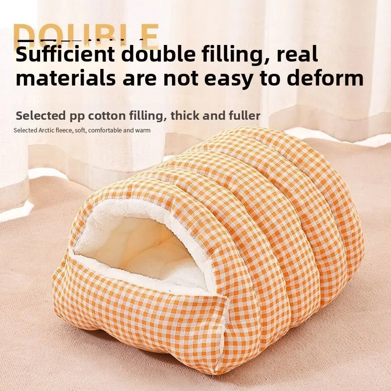 Cat Dog House Bed 2-in-1 Removable Cover Pet Sleeping Bag Washable Warm Plush Lined Anti-Slip Bottom Can Be Used as Blanket