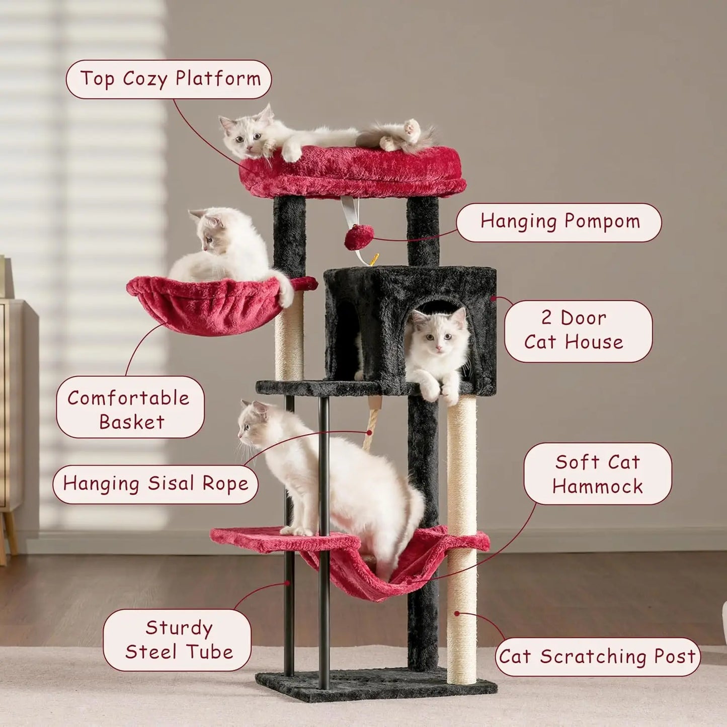 Cat Tree, Cat Tower for Indoor Cats, 43.3 inch Gothic Cat Tree Tower with Sturdy Steel Tube, Hammock