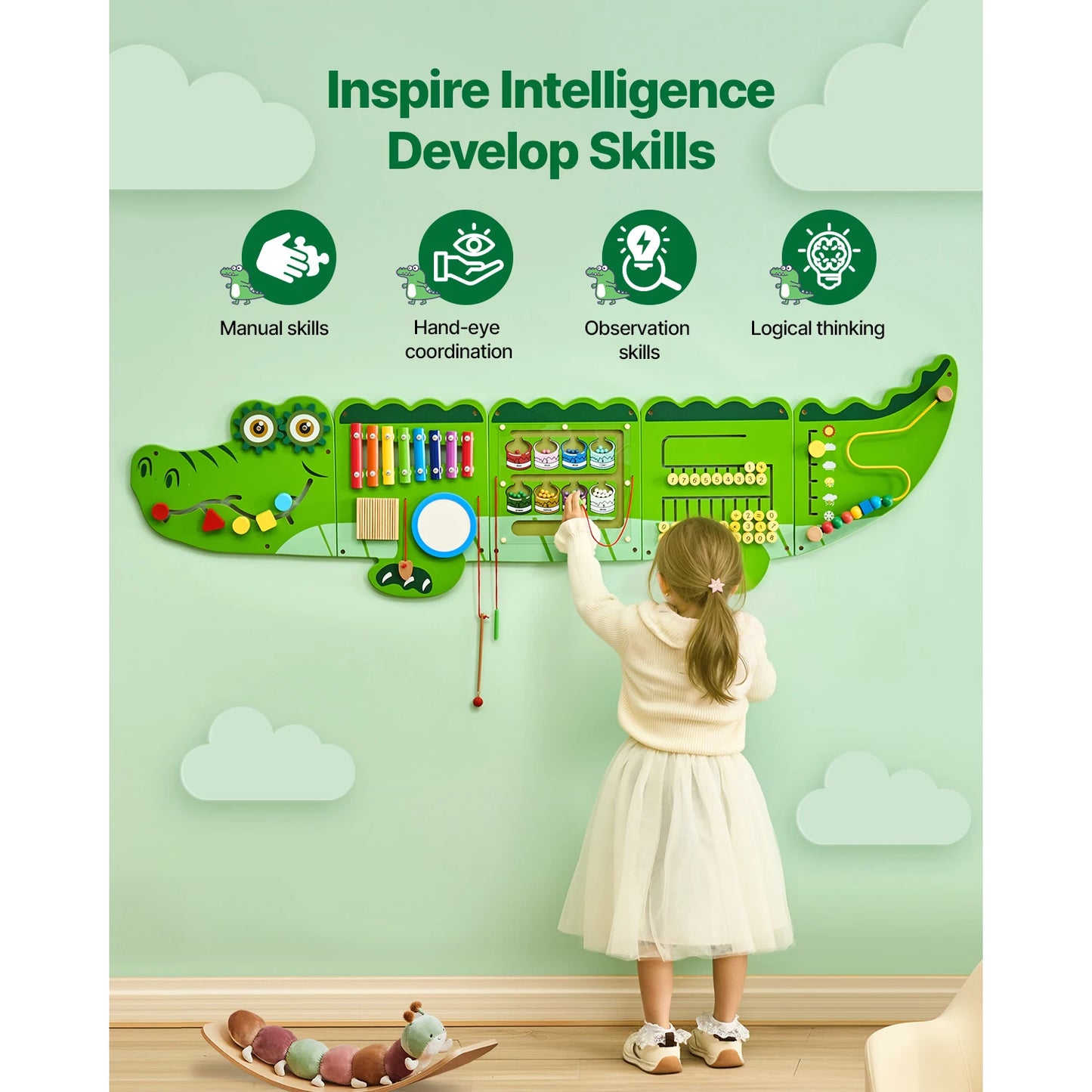 SucceBuy 9-Activities Crocodile Kids Busy Hanging Board Toy Montessori Early Learning Puzzle Decor Panels Toys for Children Gift