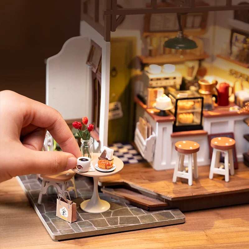 Robotime Rolife Coffee Shop Miniature Dollhouse Kit with LED Lights - DIY Crafts for Adults, Birthday Gifts and Hobbies