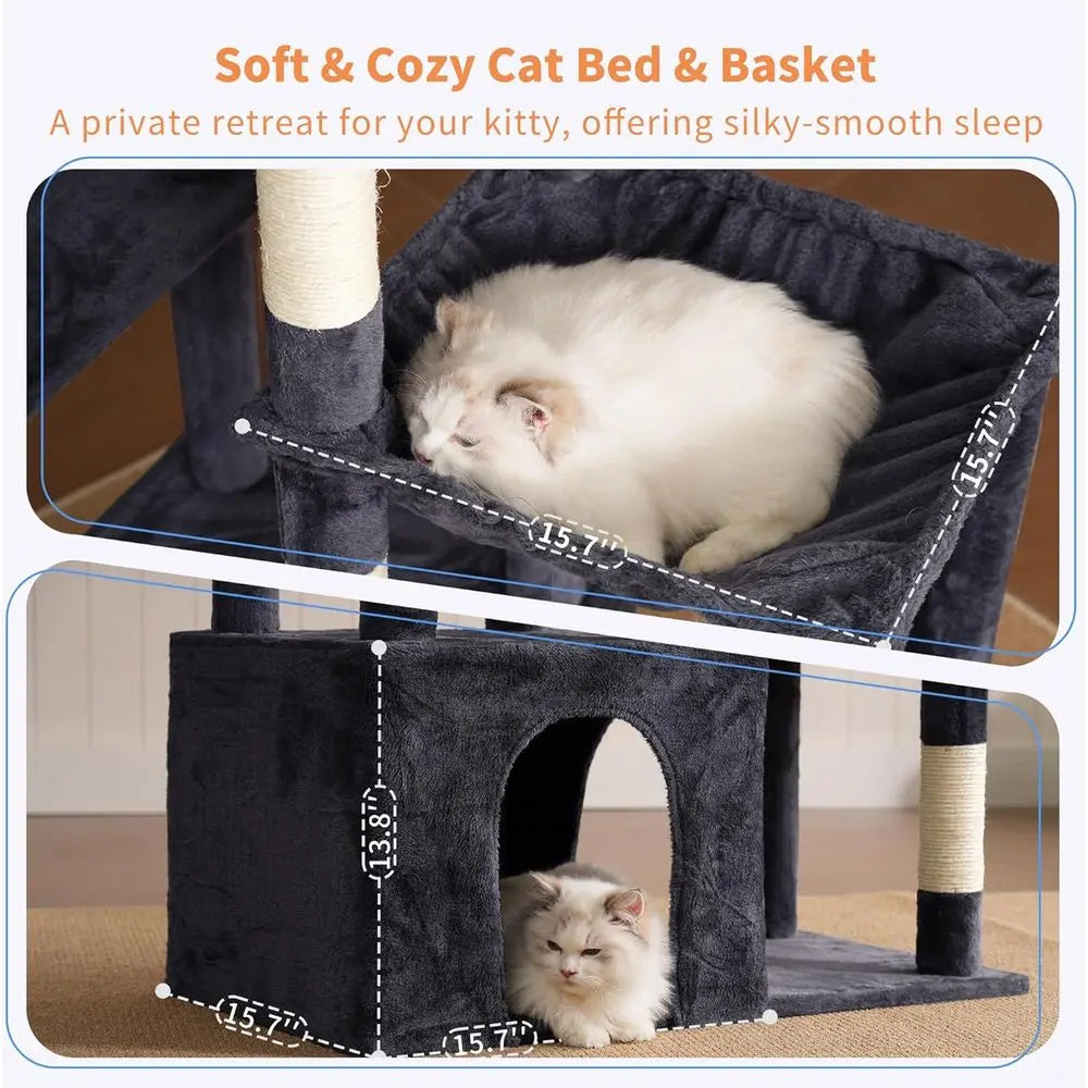 Sturdy Large Cat Tree Tower with Multi-Level Furniture, Scratching Posts, Hammock, and Toys in Smoky Gray