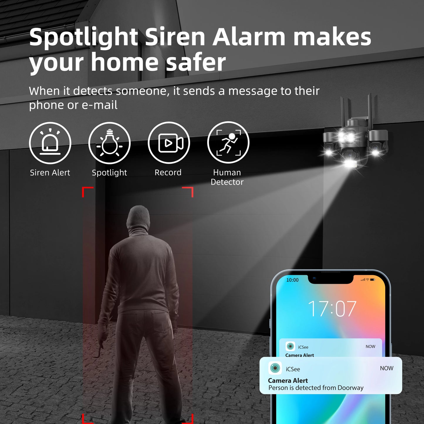 iCsee Wifi Security Camera Outdoor Three Lens Three Screens CCTV Night Vision Human Detection Tracking Surveillance Camera