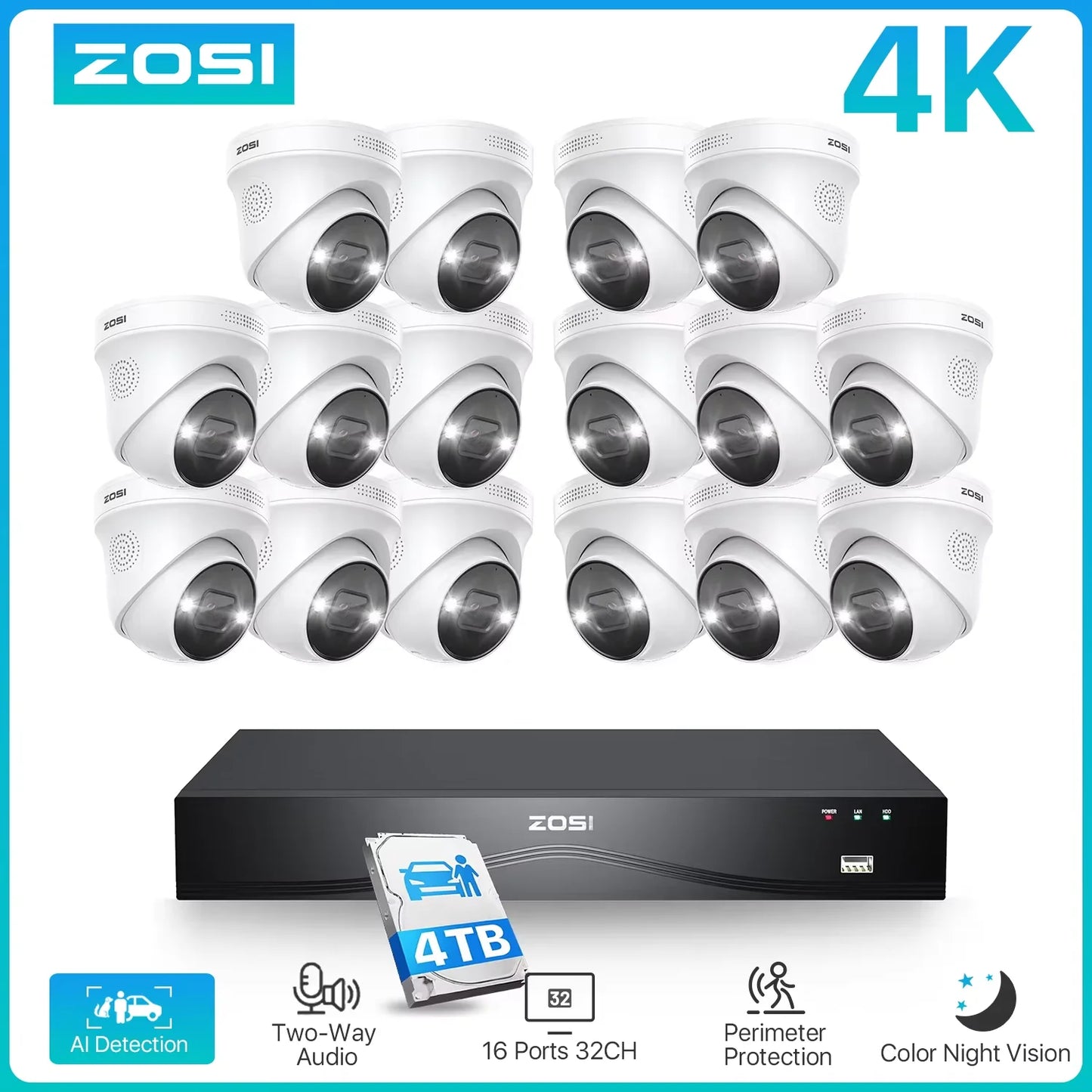 ZOSI 4K 8MP PoE Security Camera System 16 Port 32CH Dual-Disk NVR 4TB AI Detection Audio CCTV Surveillance for Home Business