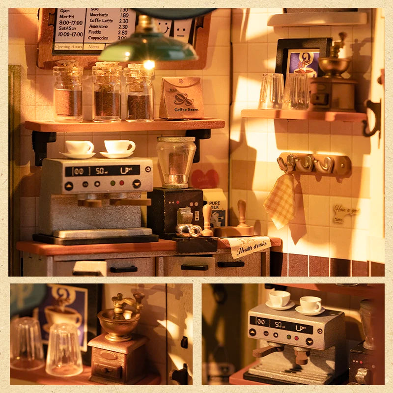 Robotime Rolife Coffee Shop Miniature Dollhouse Kit with LED Lights - DIY Crafts for Adults, Birthday Gifts and Hobbies