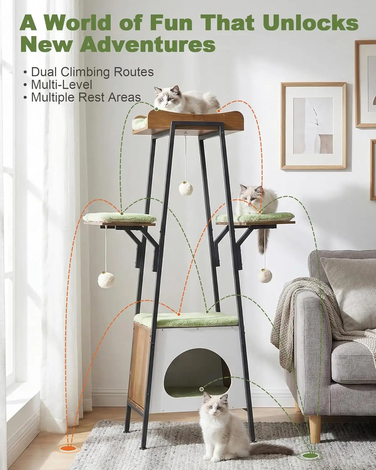 46-Inch Modern Cat Tree Tower for Large Cats, Multi-Level Cat Tower with Playful Toy Balls, Large
