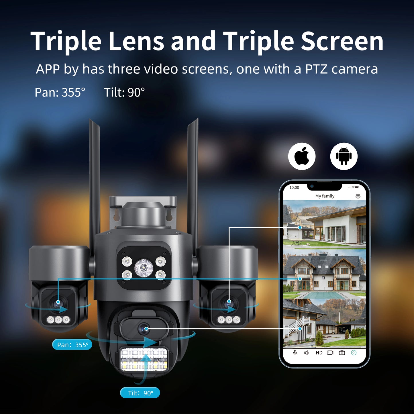 iCsee Wifi Security Camera Outdoor Three Lens Three Screens CCTV Night Vision Human Detection Tracking Surveillance Camera