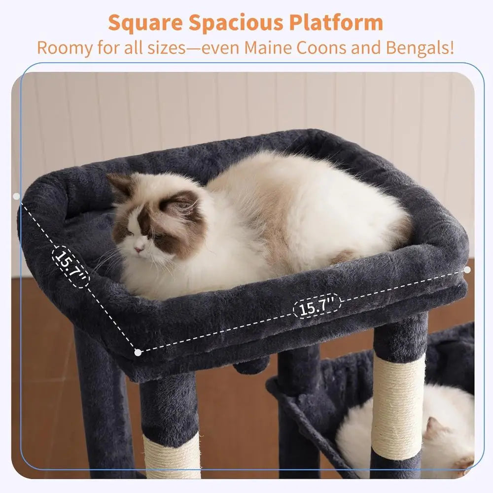 Sturdy Large Cat Tree Tower with Multi-Level Furniture, Scratching Posts, Hammock, and Toys in Smoky Gray