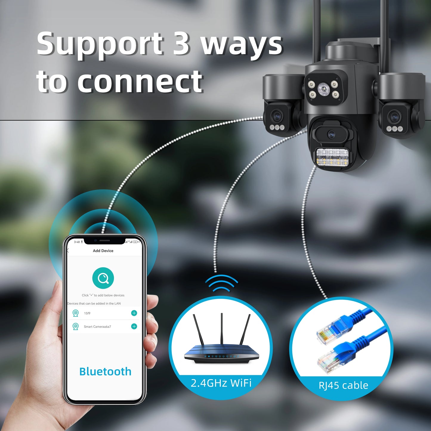 iCsee Wifi Security Camera Outdoor Three Lens Three Screens CCTV Night Vision Human Detection Tracking Surveillance Camera