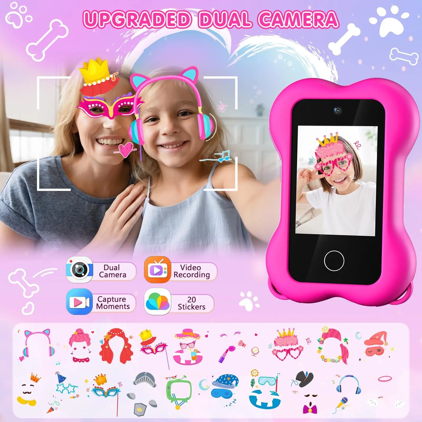 Cute Paws Kids Smartphone-2.8 Inch Touch Screen HD Dual Camera Cellphone for Toddlers Game with MP3 Music Player  Learning Gift