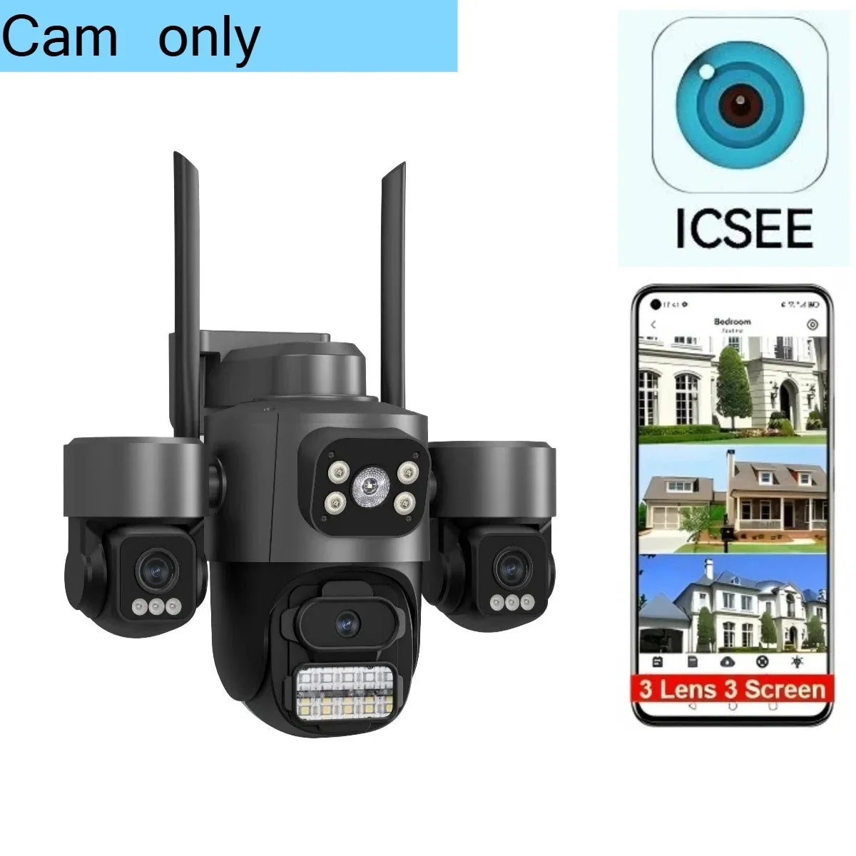 iCsee Wifi Security Camera Outdoor Three Lens Three Screens CCTV Night Vision Human Detection Tracking Surveillance Camera
