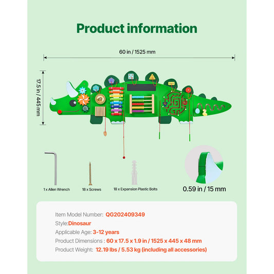 SucceBuy Dinosaur Kids Busy Wall Board 11 Activity Panels Montessori Sensory Learning Toys for Toddler Playroom Toy Gift
