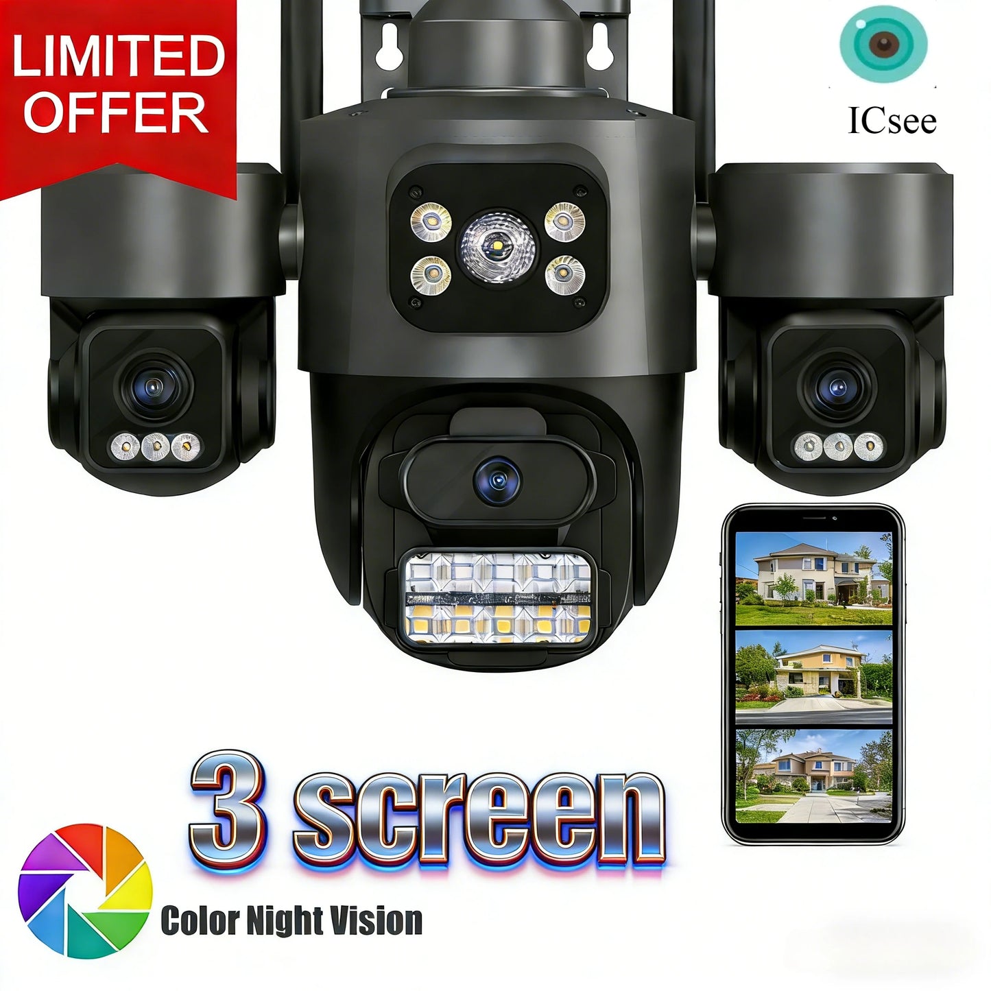 iCsee Wifi Security Camera Outdoor Three Lens Three Screens CCTV Night Vision Human Detection Tracking Surveillance Camera