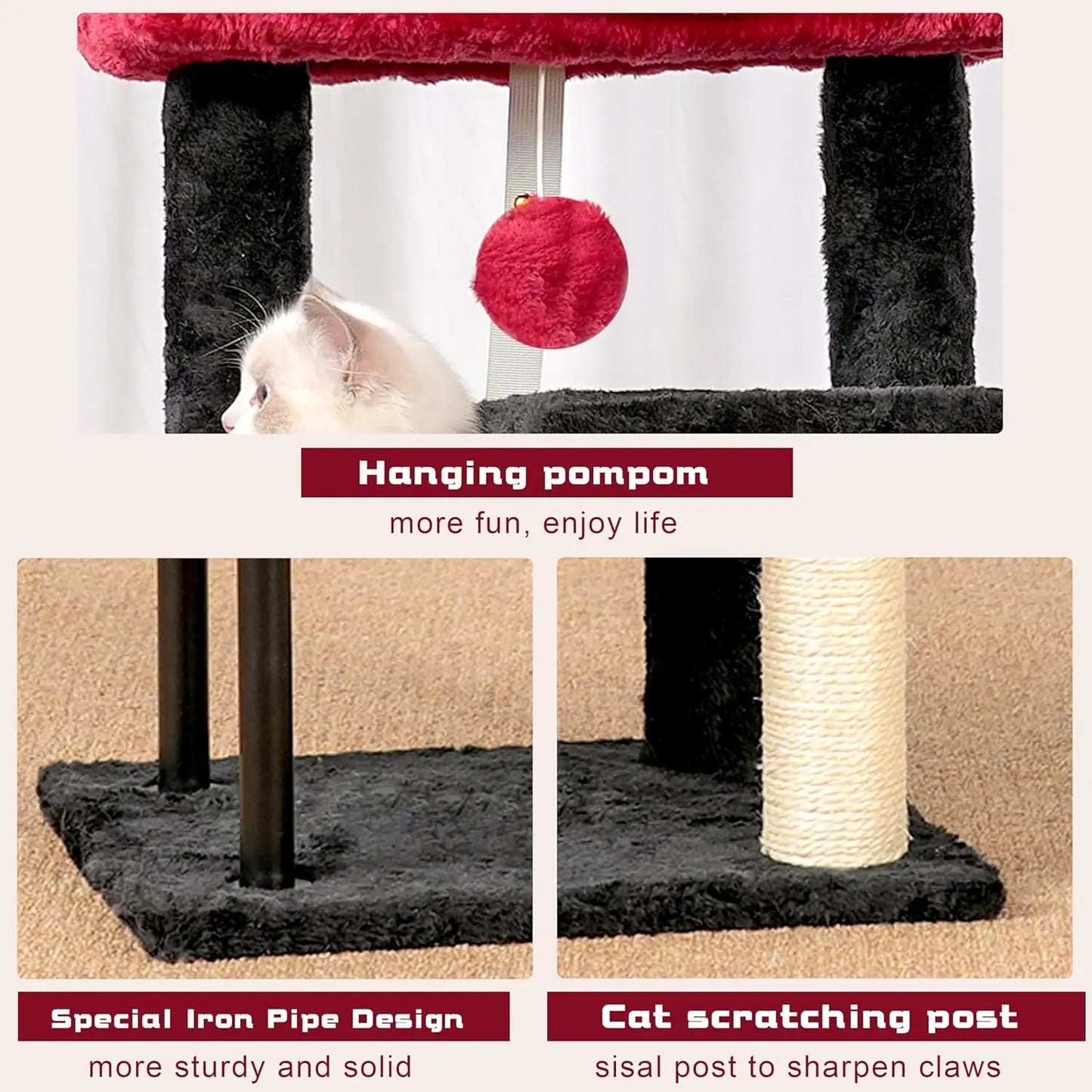 Cat Tree, Cat Tower for Indoor Cats, 43.3 inch Gothic Cat Tree Tower with Sturdy Steel Tube, Hammock