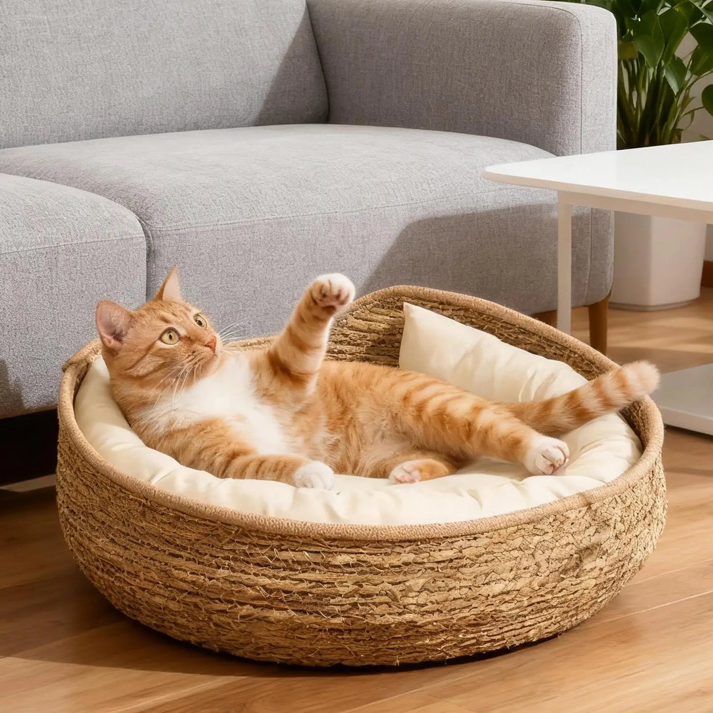 Pet Bed Soft Cat Kennel Dog Beds Sofa Bamboo Weaving Four Season Cozy Nest Baskets Removable Cushion Sleeping Bag