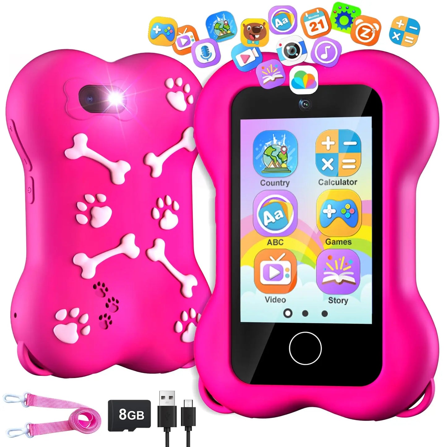 Cute Paws Kids Smartphone-2.8 Inch Touch Screen HD Dual Camera Cellphone for Toddlers Game with MP3 Music Player  Learning Gift