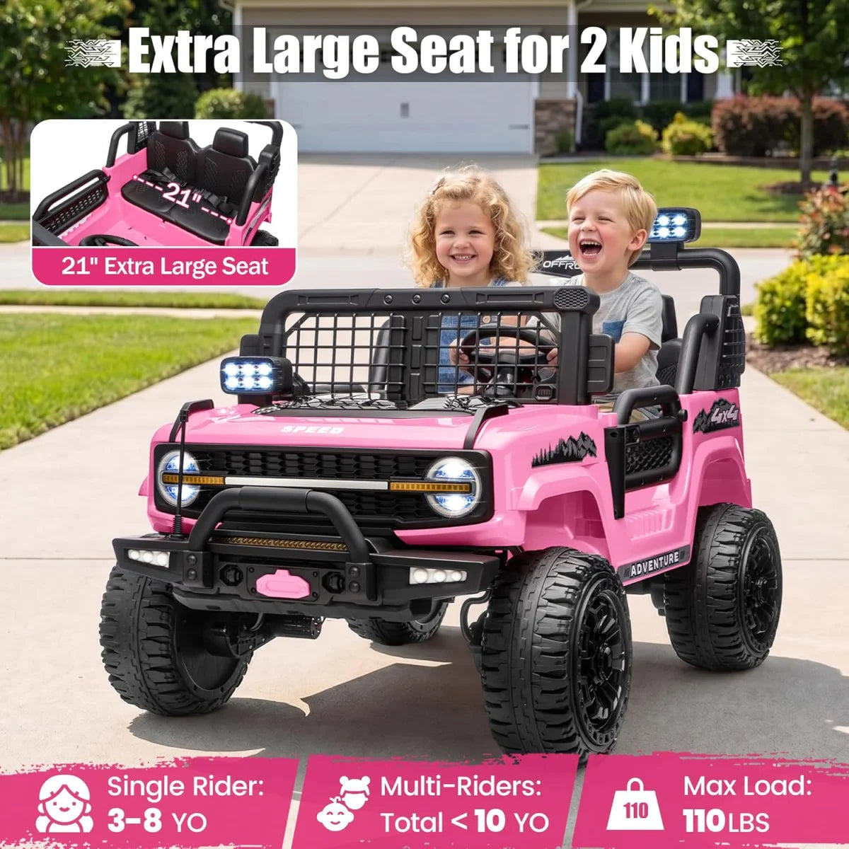 24V 800W 2 Seater Kids Ride On Truck Off-Road Electric Vehicle with Parent Remote Control, 2-5MPH Ride On Car with Bluetooth Music LED Lights Shock Absorbers, Max Load 110Lbs Kids Toy Gift for Girls Boys