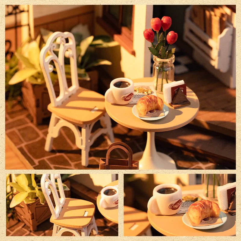 Robotime Rolife Coffee Shop Miniature Dollhouse Kit with LED Lights - DIY Crafts for Adults, Birthday Gifts and Hobbies