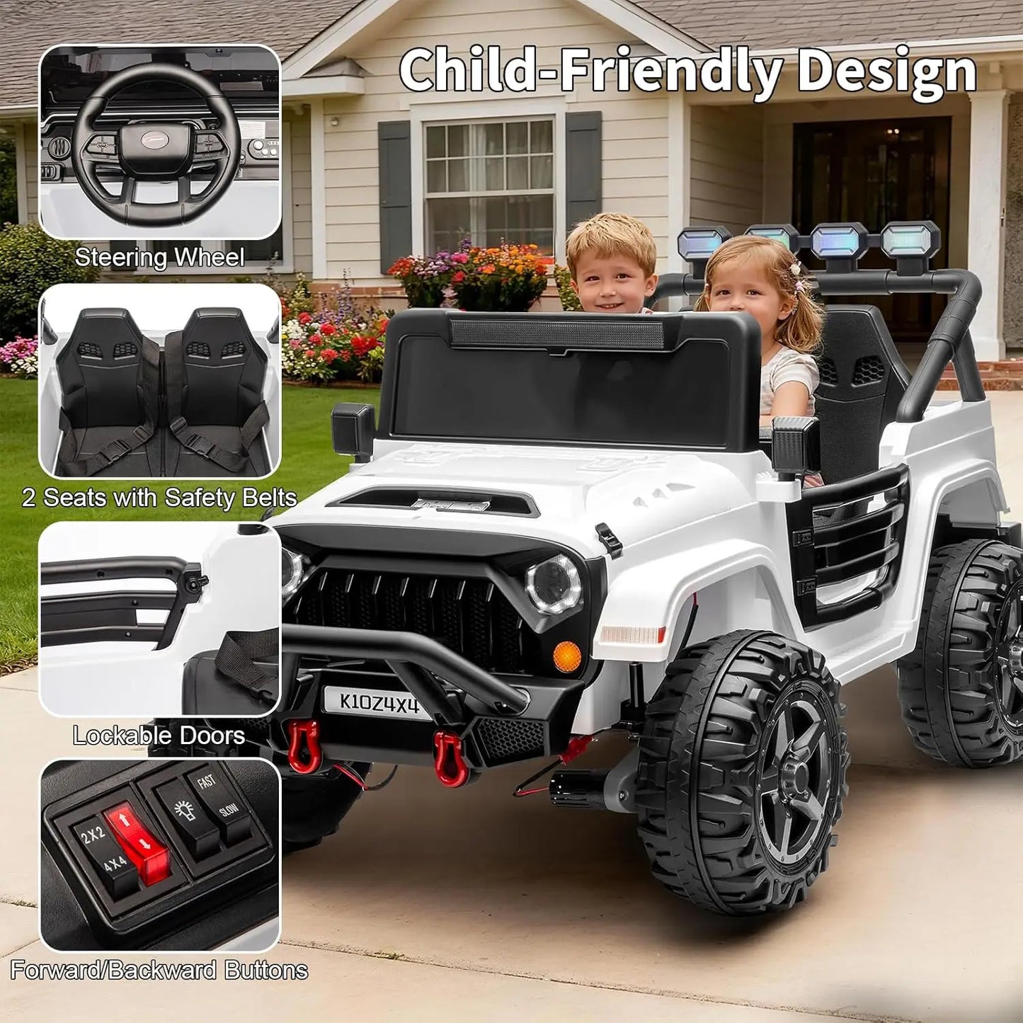 2 Seater Ride on Car for Kids, 24V Electric Toys w/Remote Control,4 Powerful Motors, 4WD/2WD, 3 Speeds, Led Lights, Bluetooth,