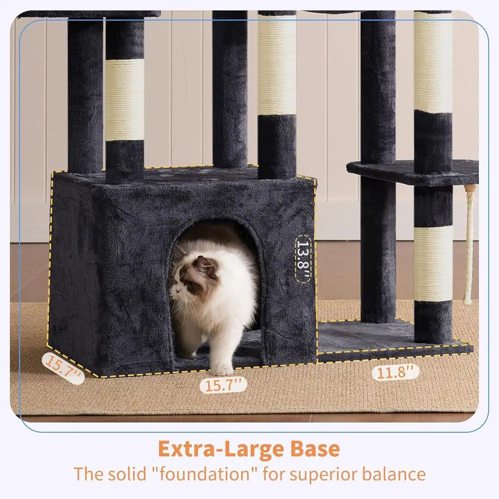 Sturdy Large Cat Tree Tower with Multi-Level Furniture, Scratching Posts, Hammock, and Toys in Smoky Gray