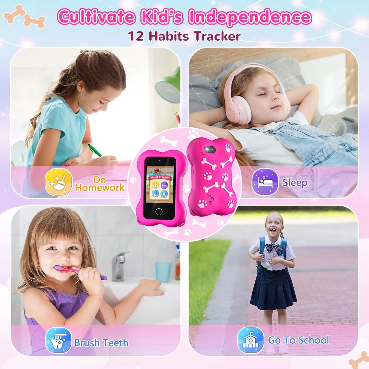 Cute Paws Kids Smartphone-2.8 Inch Touch Screen HD Dual Camera Cellphone for Toddlers Game with MP3 Music Player  Learning Gift