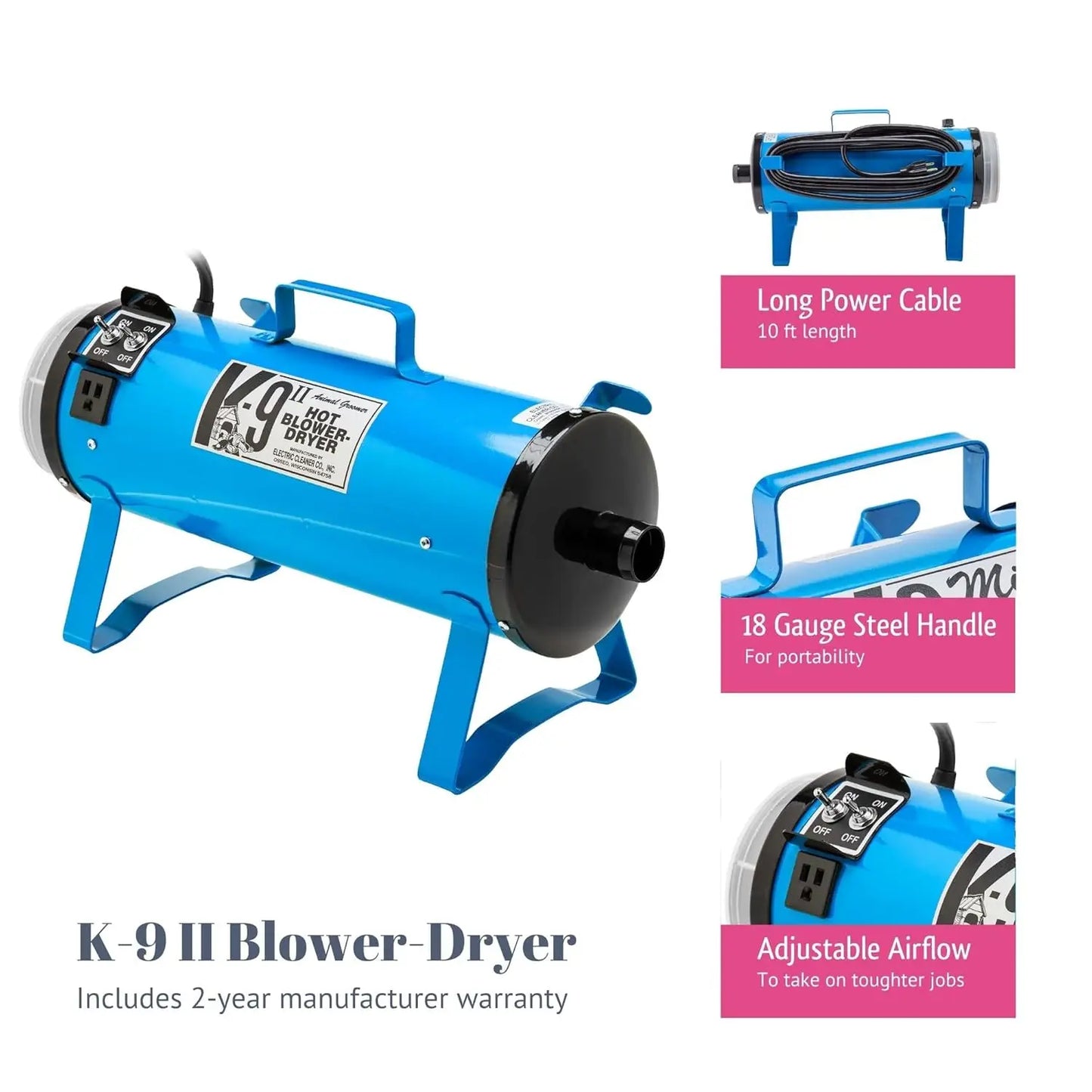 ECC K-9 II Variable Speed Dog Dryer, Professional Grooming Blower with Adjustable Airflow, Metallic Blue, Customized