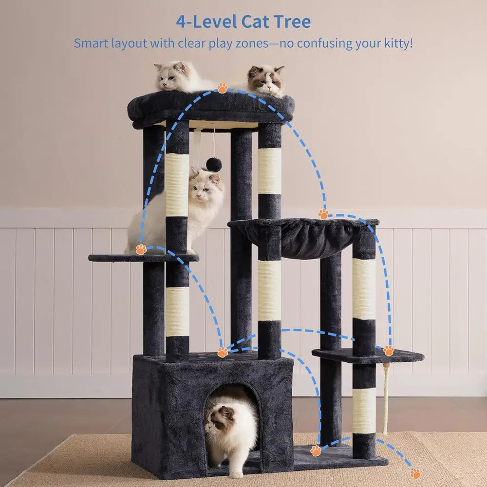 Sturdy Large Cat Tree Tower with Multi-Level Furniture, Scratching Posts, Hammock, and Toys in Smoky Gray