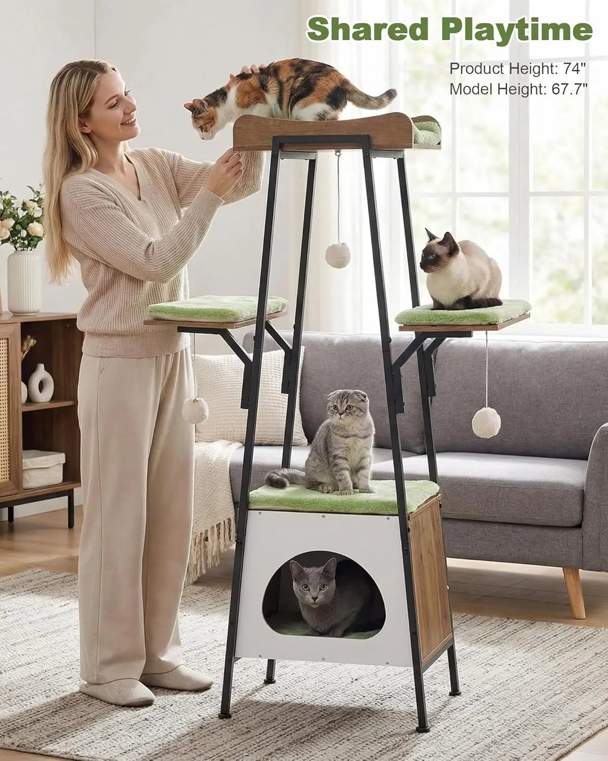 46-Inch Modern Cat Tree Tower for Large Cats, Multi-Level Cat Tower with Playful Toy Balls, Large